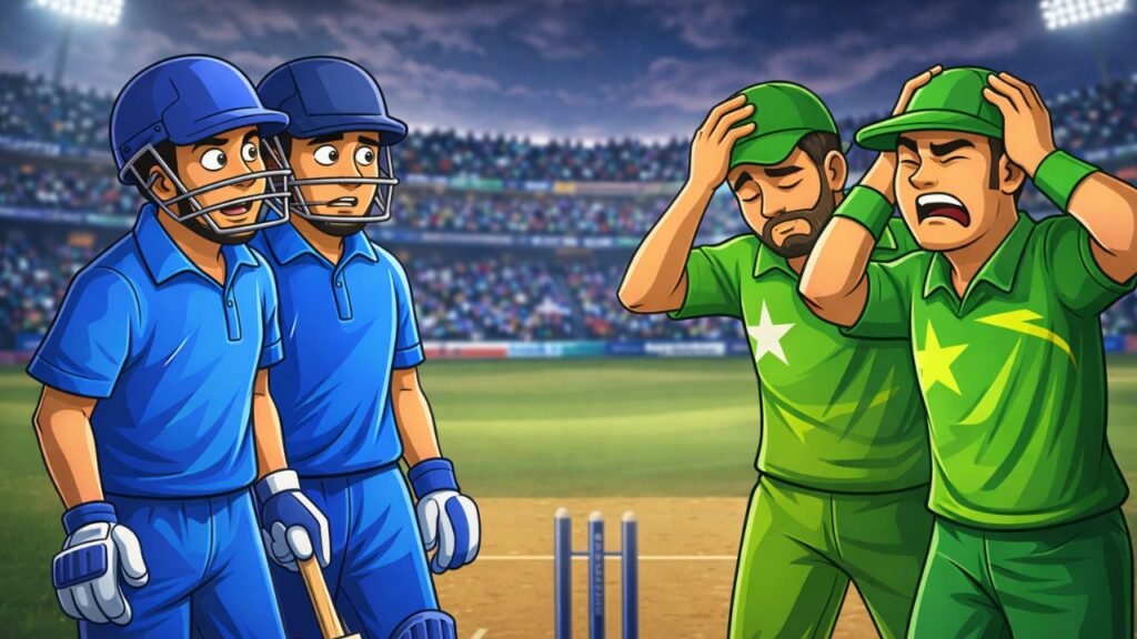 Cartoon-style illustration of India vs Pakistan match scenario in ICC Men’s T20 World Cup 2026 Super 8 stage with semi-final qualification at stake (representative image).