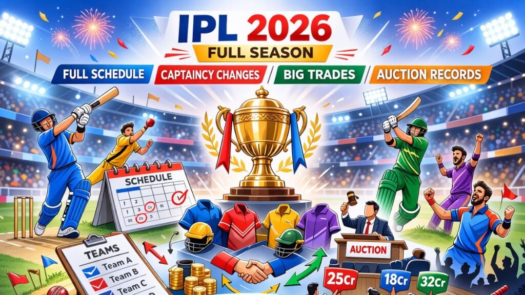 Illustration showing IPL 2026 season overview including full schedule timeline, captaincy updates, big player trades and auction records (representative image).