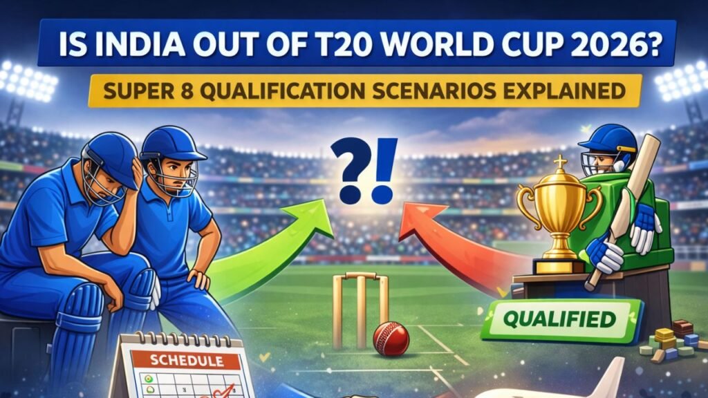 Graphic showing India Super 8 qualification scenarios in T20 World Cup 2026 with possible elimination and semi-final qualification paths (representative image).