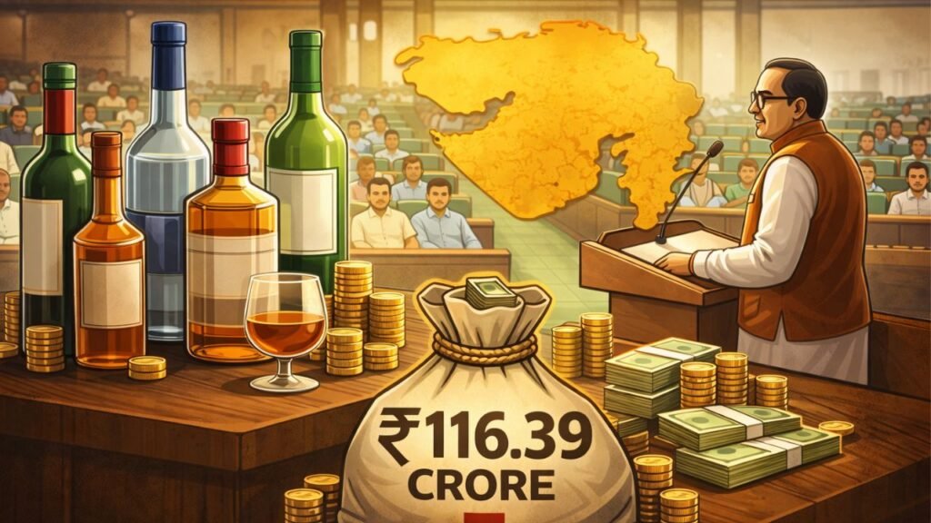 Graphic depicting Gujarat Government earnings of ₹116.39 crore from licensed liquor sales over two years as disclosed in budget session (representative image).