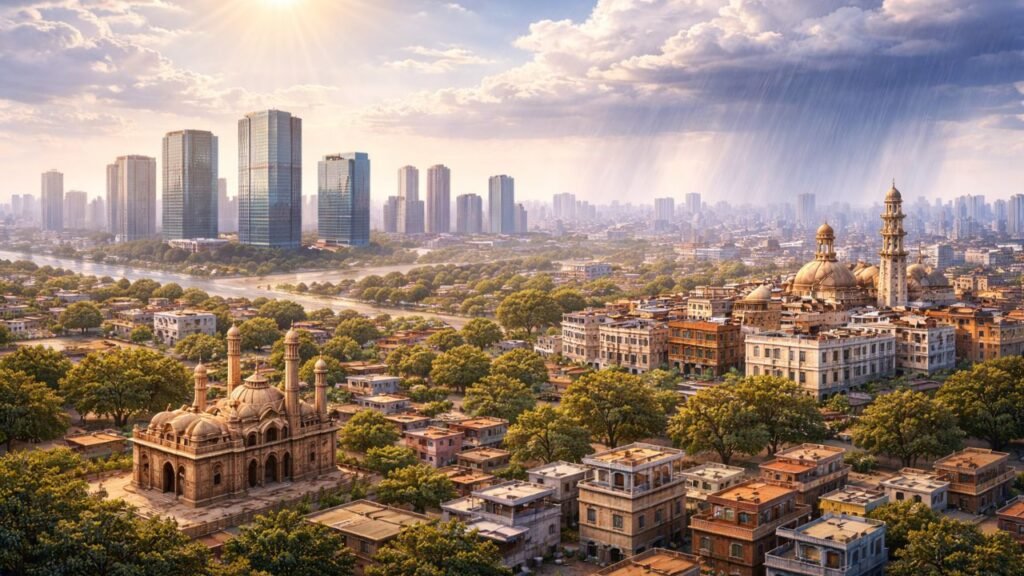 Gujarat weather update showing rising temperatures across the state with partly cloudy skies and light rain in some areas (representative image).