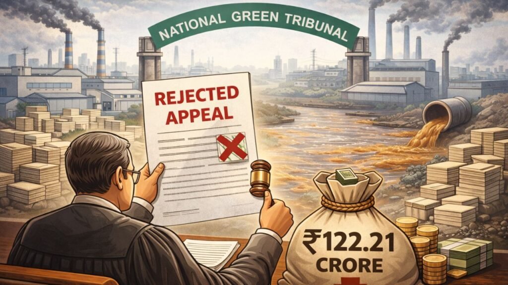 Graphic showing NGT rejecting appeal of 337 Morbi ceramic units and imposing ₹122.21 crore environmental penalty (representative image).