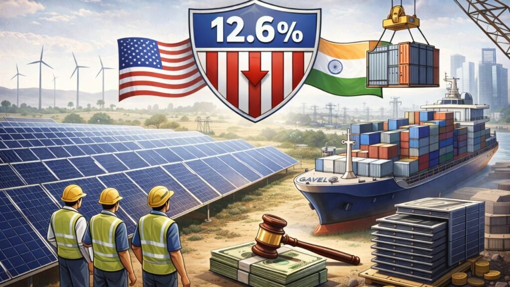 Graphic depicting US 12.6 percent tariff on Indian solar cells and its impact on Gujarat solar industry and exports (representative image).