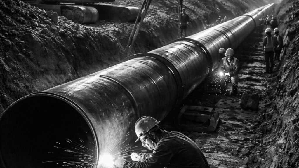 Gas pipeline construction work in Surat during night operations with workers and machinery