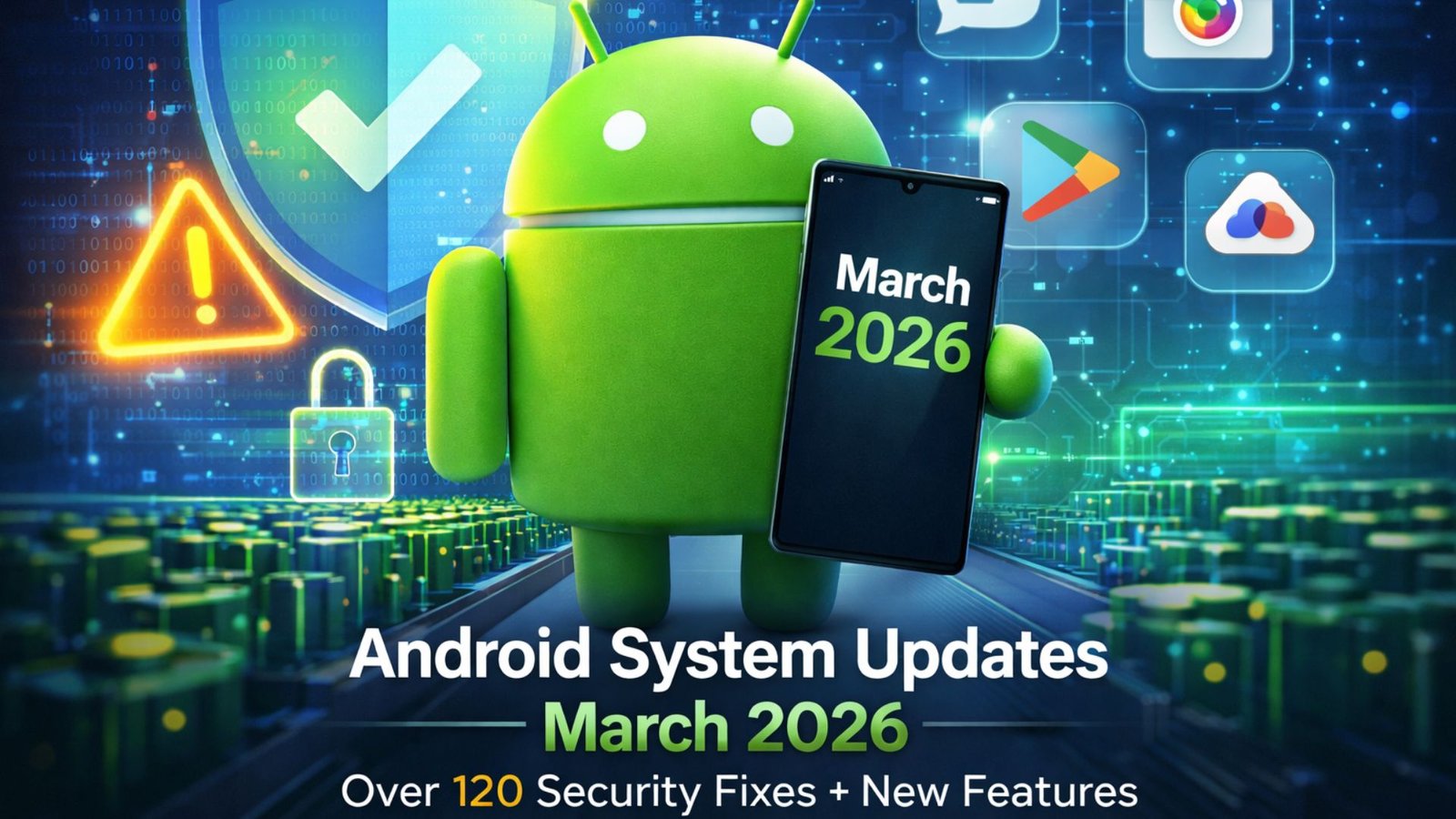 Android system updates March 2026 image showing security patch, Android mascot, and new feature icons (representative image).