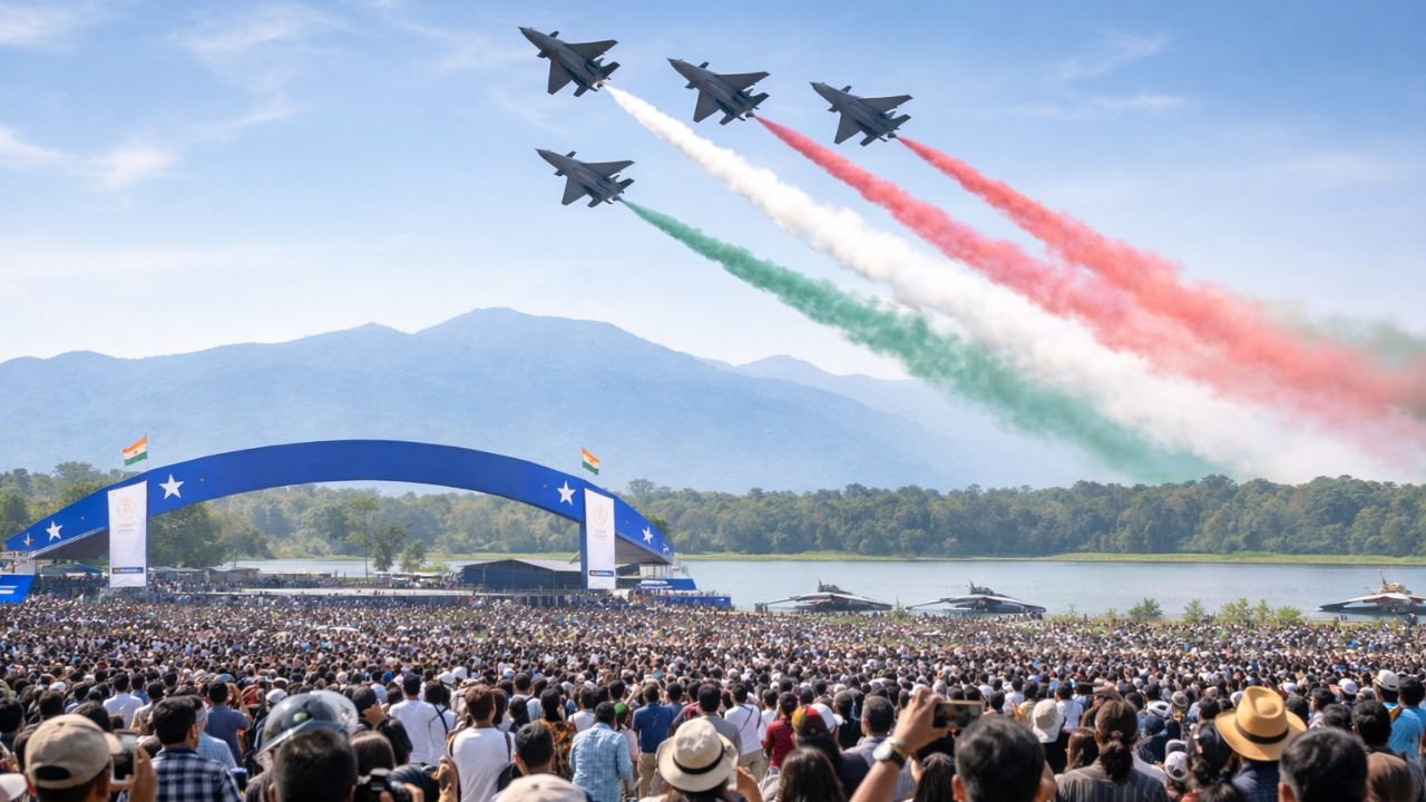 Fighter jets flying in formation with smoke trails during air show with large audience watching (representative image).
