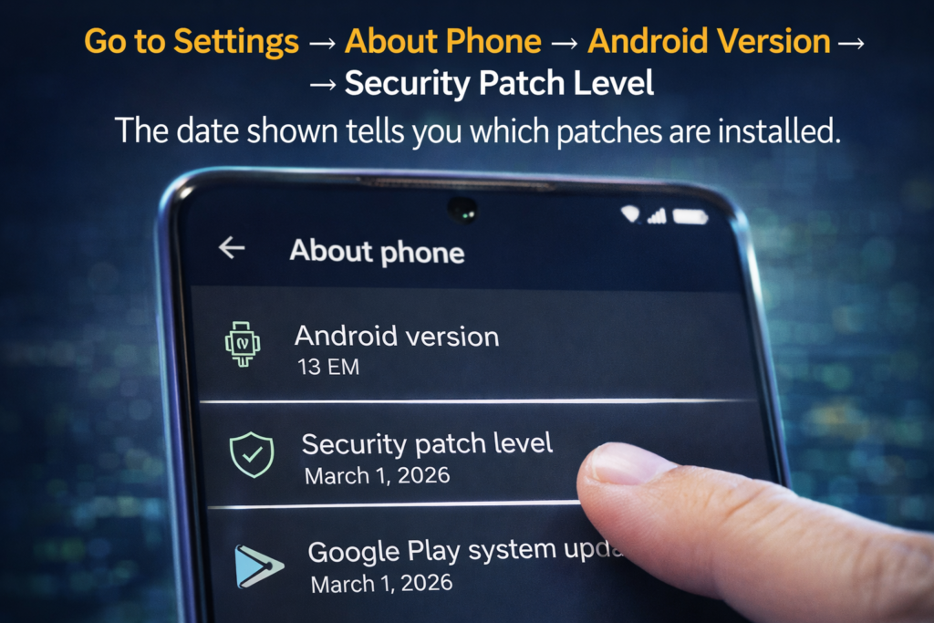 Android settings screen showing security patch level and instructions to check update version on smartphone (representative image).