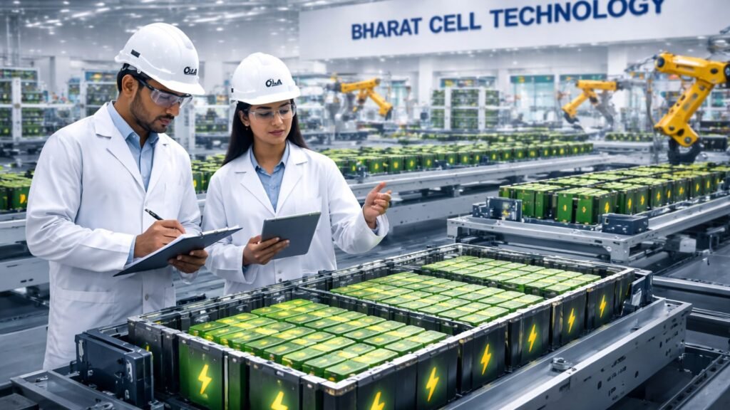 Ola Electric battery manufacturing image showing engineers inspecting lithium-ion cells and Bharat Cell technology production line (representative image).