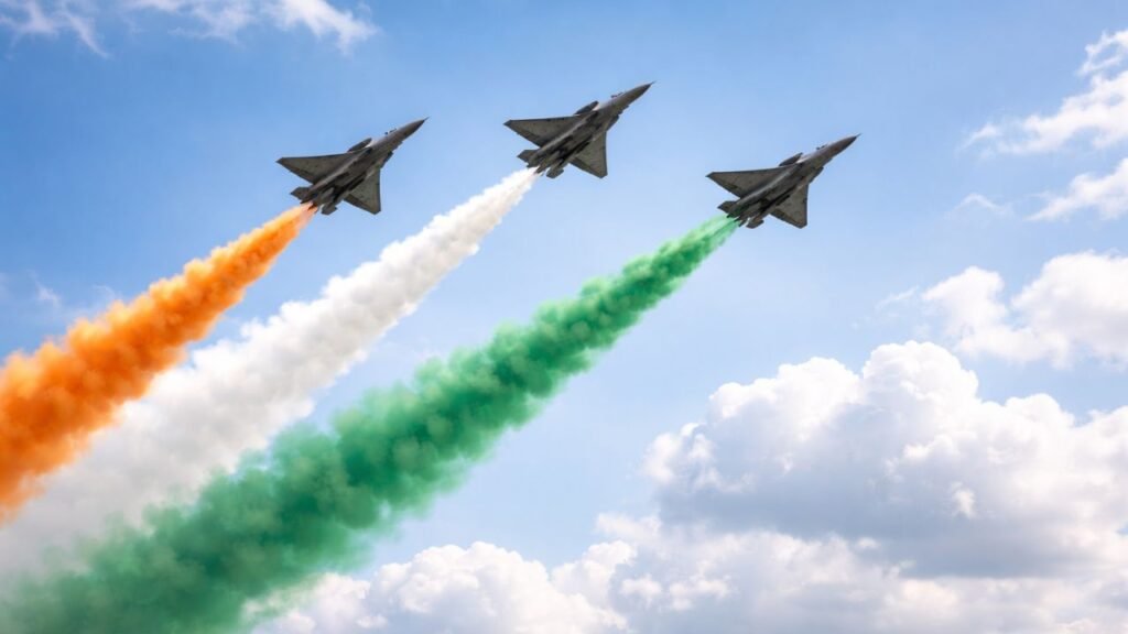 Three fighter jets flying in formation with orange, white and green smoke during daytime air show (representative image).