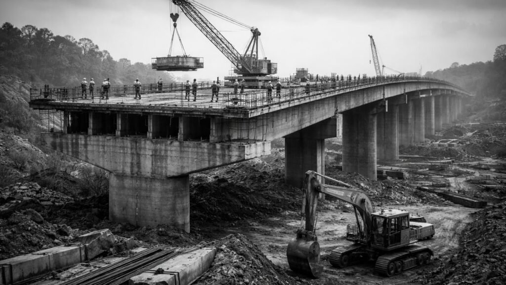 Black and white image of partially built bridge with crane and excavator during construction (representative image).