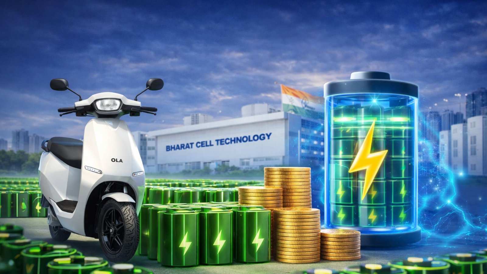 Ola Electric battery strategy 2026 image showing electric scooter, battery technology, and energy storage expansion concept (representative image).