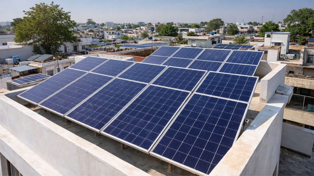 Rooftop solar panels installed under PM Surya Ghar Yojana providing free electricity to households