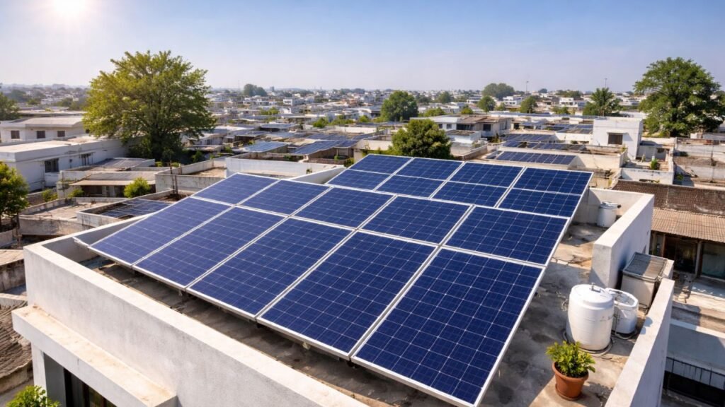 Solar panels installed on house rooftops in a residential area showing adoption of clean energy solutions (representative image).