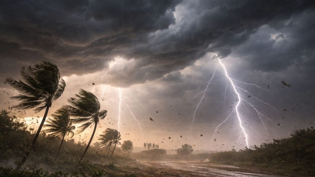 Thunderstorm with dark clouds, lightning, and strong winds (representative image).