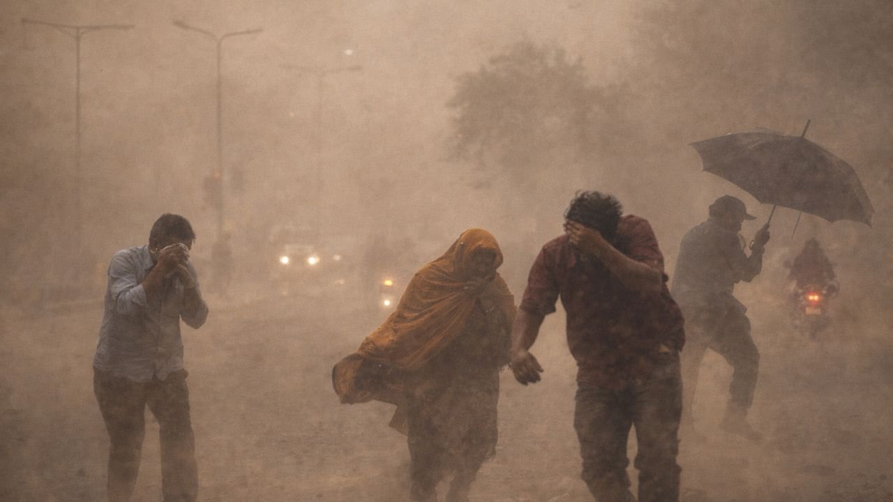 People walking through heavy dust storm and strong winds in Surat during sudden weather change on March 19, 2026 (representative image).