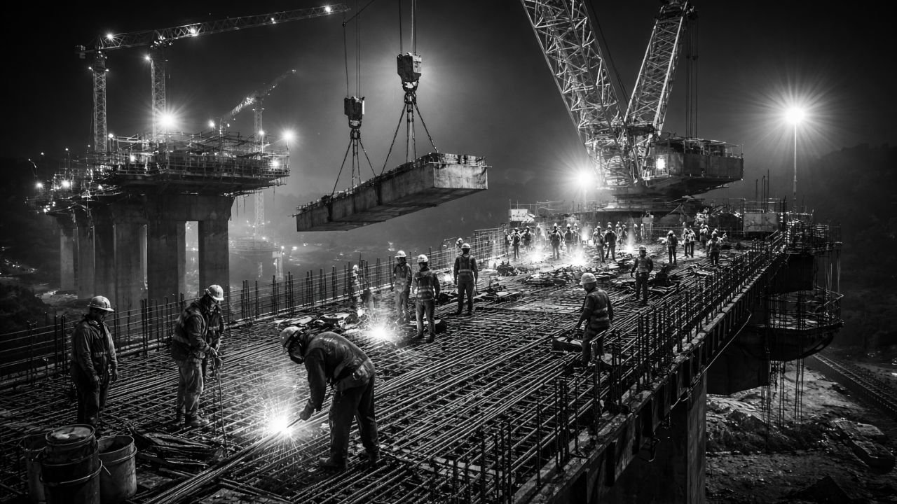 Black and white image of workers building bridge at night with cranes and construction activity (representative image).