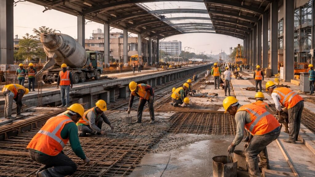 Construction workers building metro station platform with concrete work and machinery in progress (representative image).