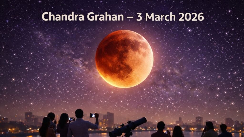 Chandra Grahan 3 March 2026 lunar eclipse visible in India with people watching through telescopes at night (representative image).