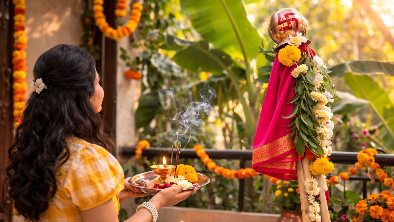 Gudi Padwa festival celebration with decorated Gudi pole, rangoli design and puja thali during traditional Indian new year ritual (representative image).