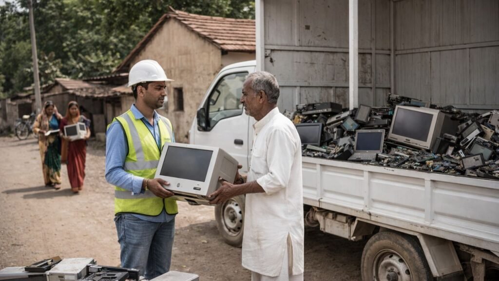 Rural e-waste collection in Gujarat with workers receiving old computers and electronics from residents (representative image).