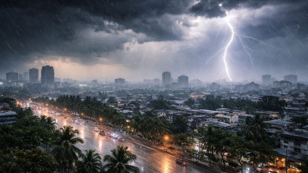 Heavy rain and lightning over a Gujarat city skyline during thunderstorm weather conditions (representative image).