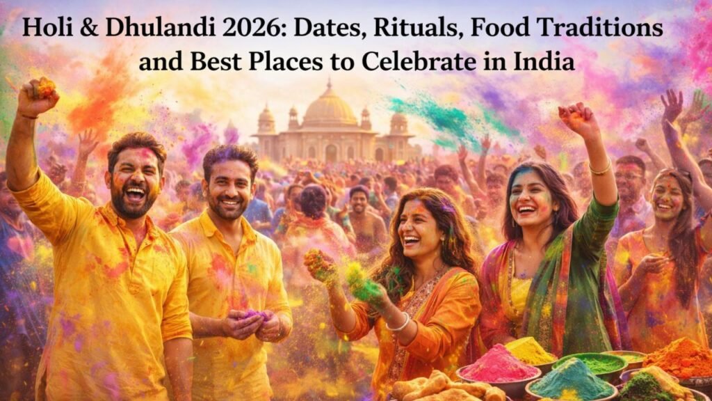 Holi 2026 celebration in India with people playing with colorful powders during Dhulandi festival (representative image).