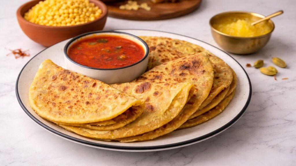 Plate of homemade puran poli sweet flatbread with ghee and curry, traditional Indian festival dish made from chana dal and jaggery.