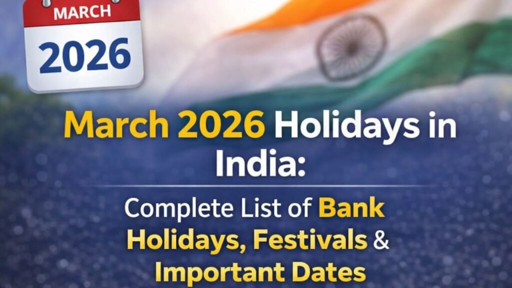 March 2026 holidays in India calendar image with bank holidays, festivals, and important dates highlighted (representative image).