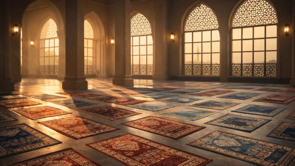 Mosque prayer hall interior with colorful prayer mats and sunlight through arches during Islamic prayer time (representative image).