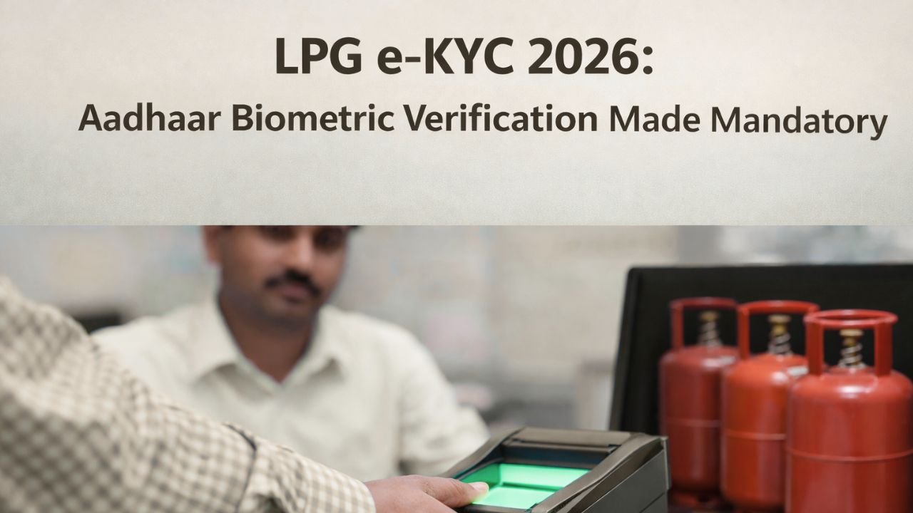 Fingerprint biometric verification for LPG e-KYC process in India with LPG cylinders in background (representative image).