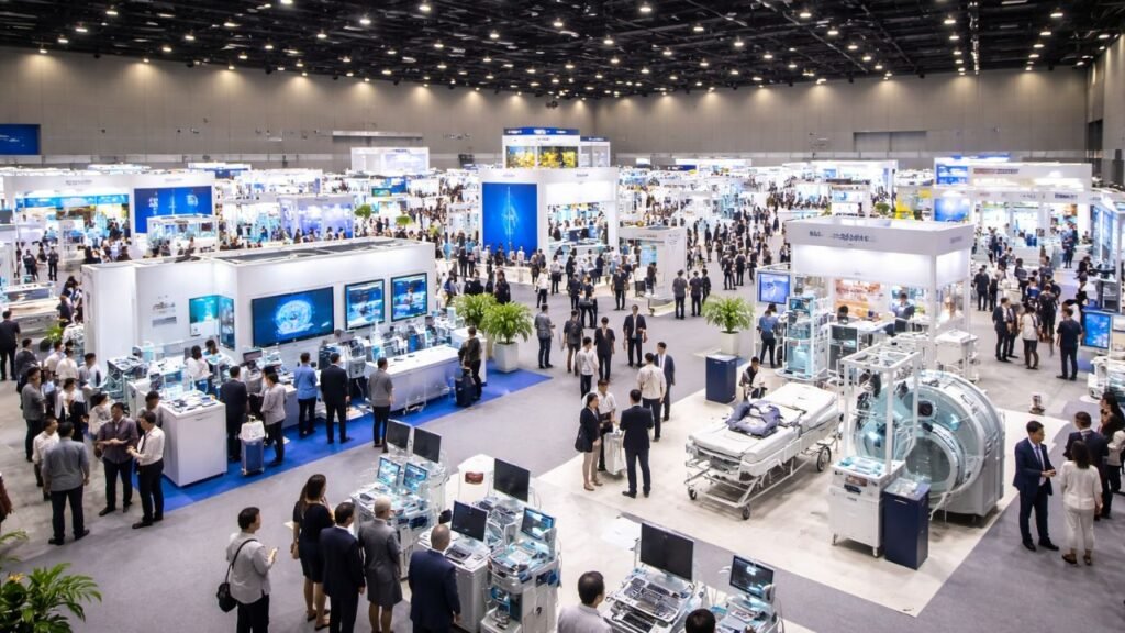 Medical expo exhibition hall with healthcare technology booths, medical devices and professionals attending a healthcare trade event (representative image).
