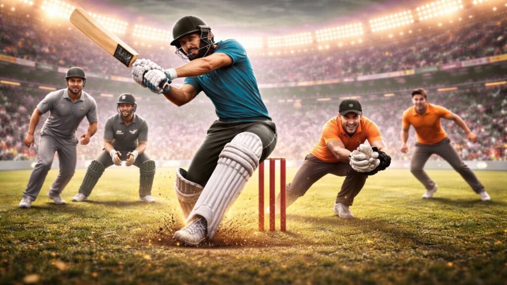 Cricket match action during T20 World Cup 2026 with batsman hitting the ball under stadium lights (representative image).