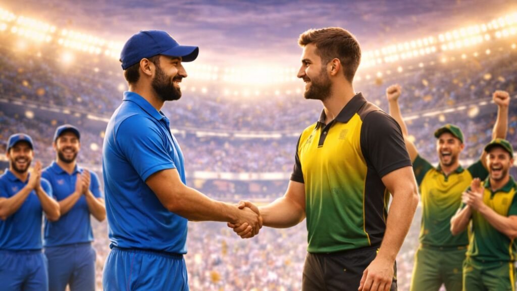 Cricket players greeting each other after the T20 World Cup 2026 final match in a stadium (representative image).