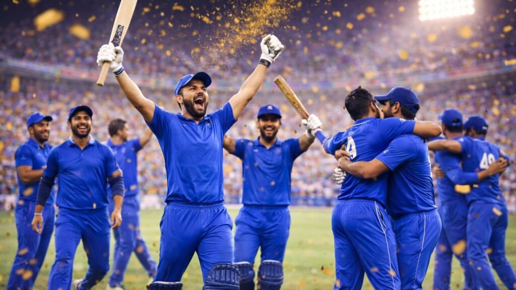 Cricket team celebrating semi-final qualification after important win in T20 World Cup 2026 (representative image).
