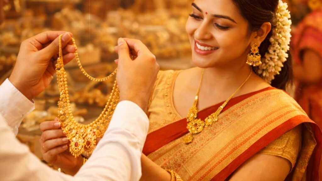 Indian woman buying gold jewellery in a showroom with gold price trend graph showing market ups and downs (representative image).