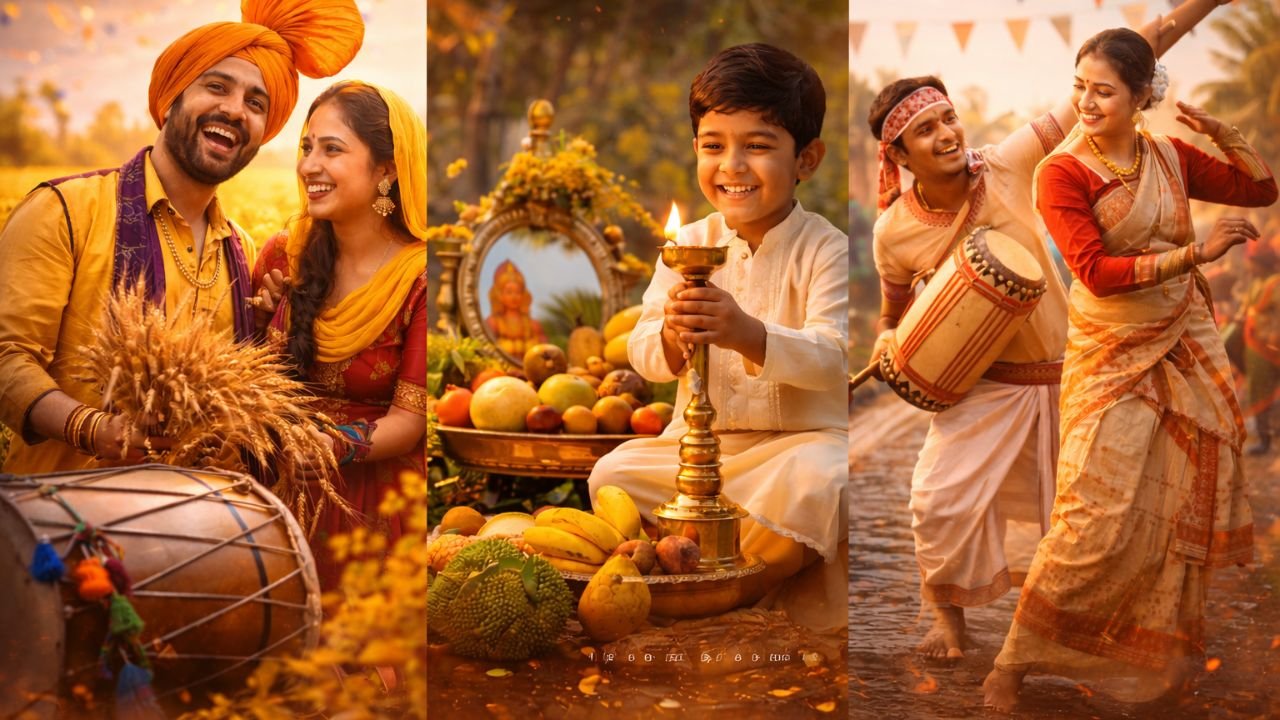 Indian festival scenes showing Baisakhi harvest celebration, Vishu ritual with lamp and fruits, and Bohag Bihu dance in traditional attire (representative image).
