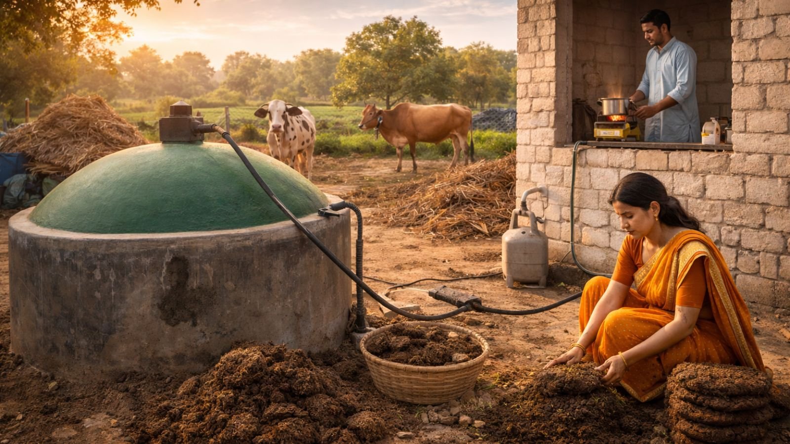 Cow dung biogas system setup in India for household energy use