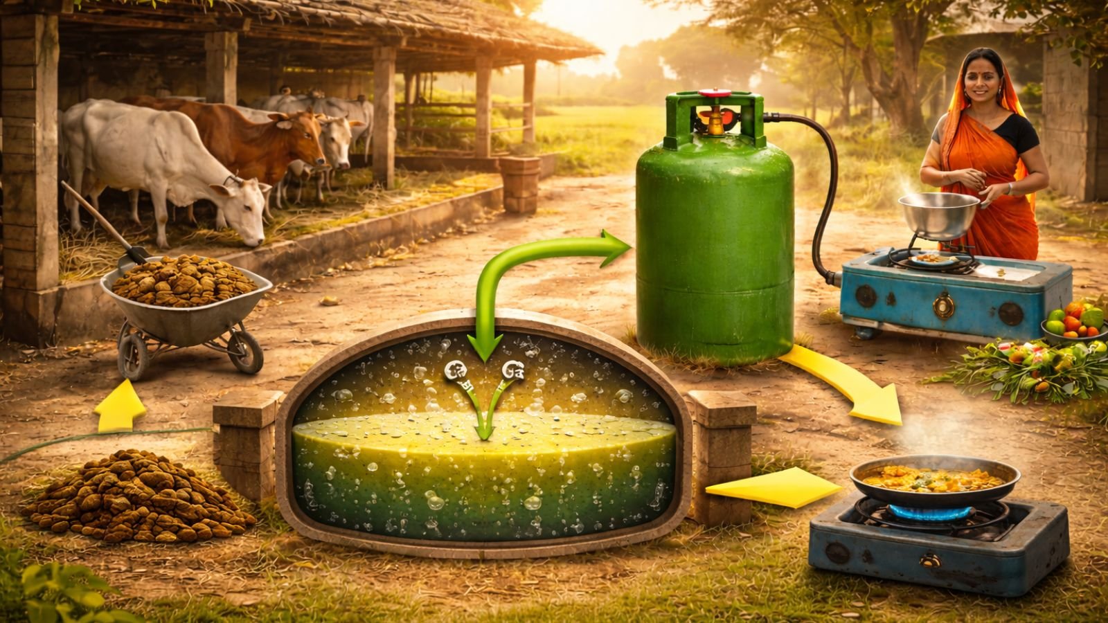 Cow dung biogas cylinder innovation in India 2026 with affordable gas solution (representative image).