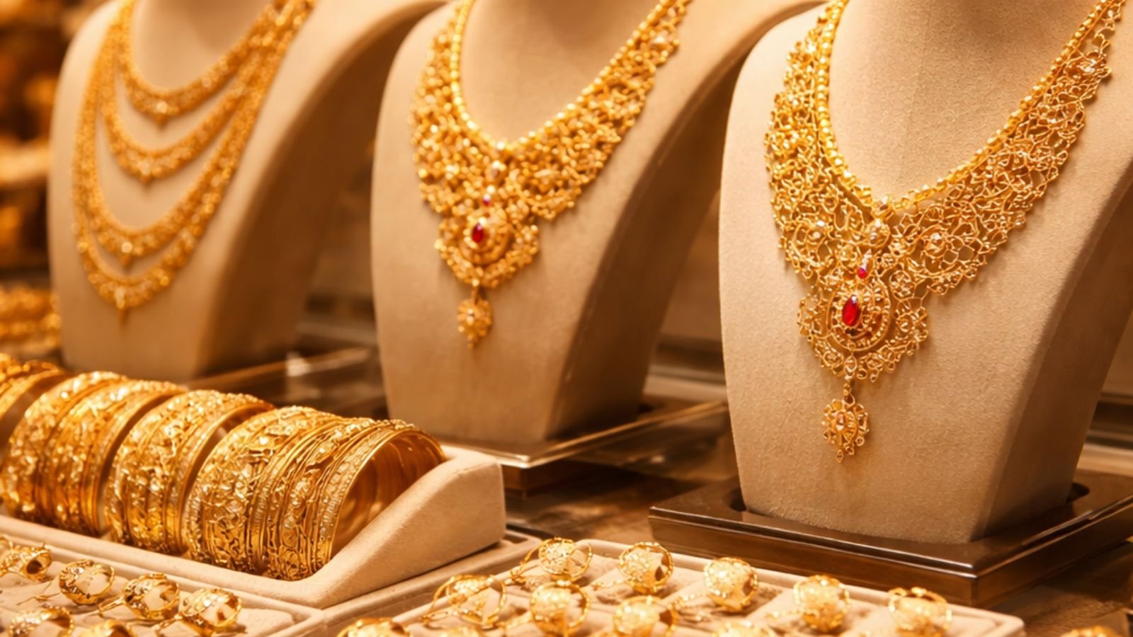 Gold jewellery including necklaces, bangles, and rings arranged in a showroom display case with gold price trend in the background (representative image).