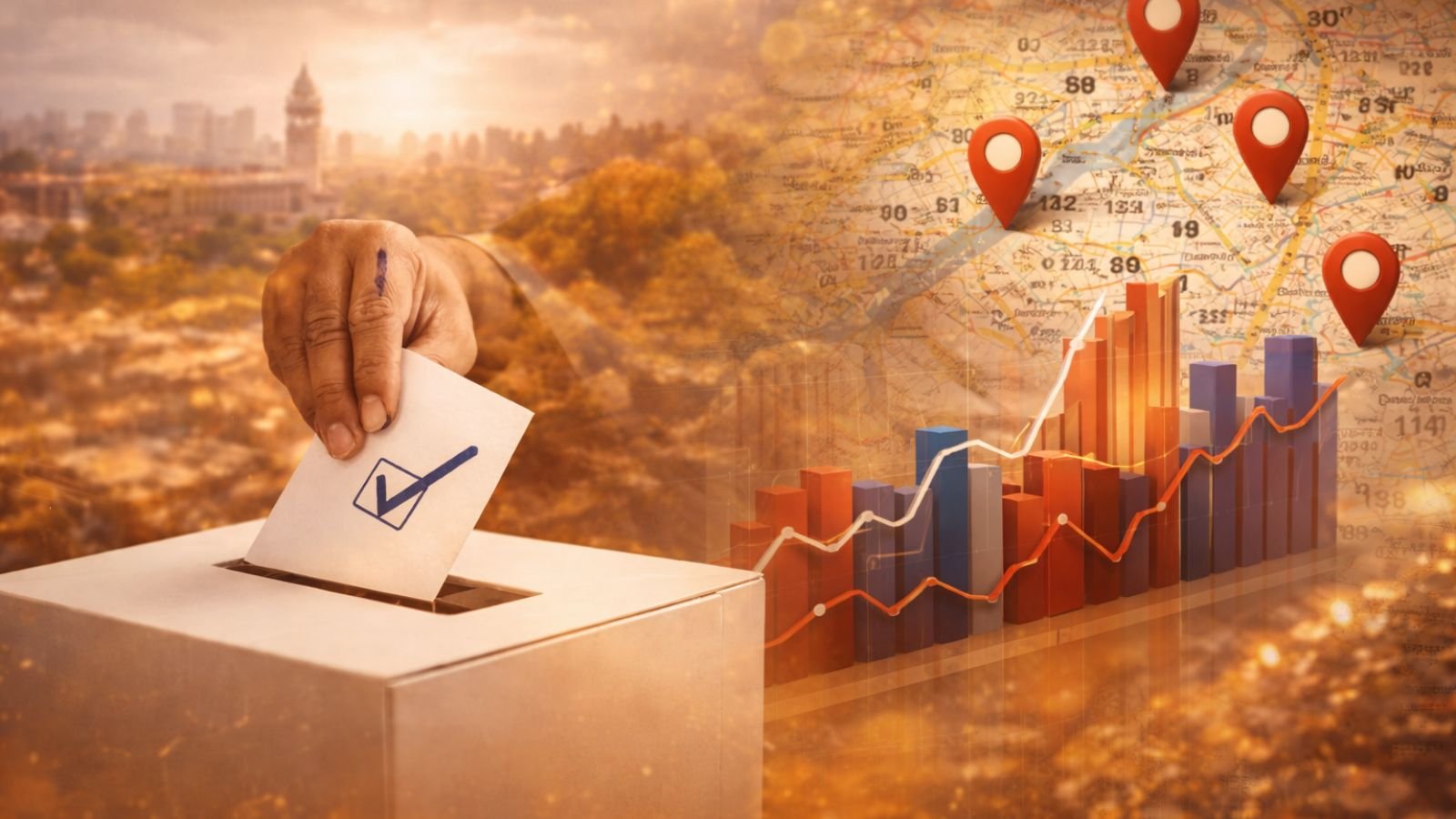 Close-up of a voter placing ballot in box with ward map and voter trend graph illustrating civic election dynamics in Surat (representative image).