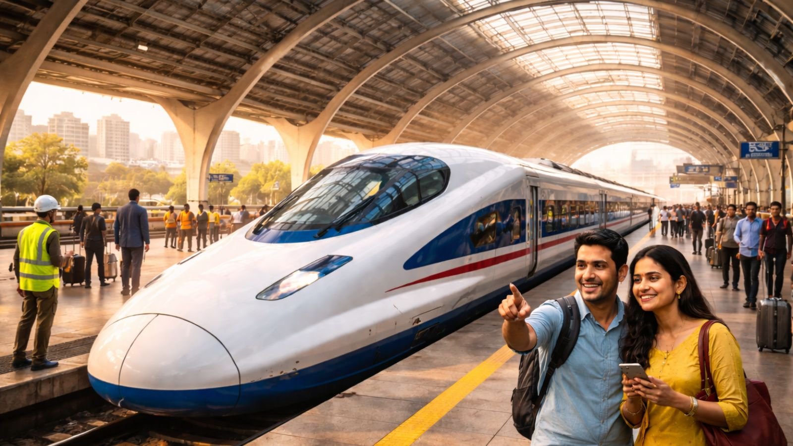 Surat bullet train station construction nearing completion with high speed rail infrastructure (representative image).